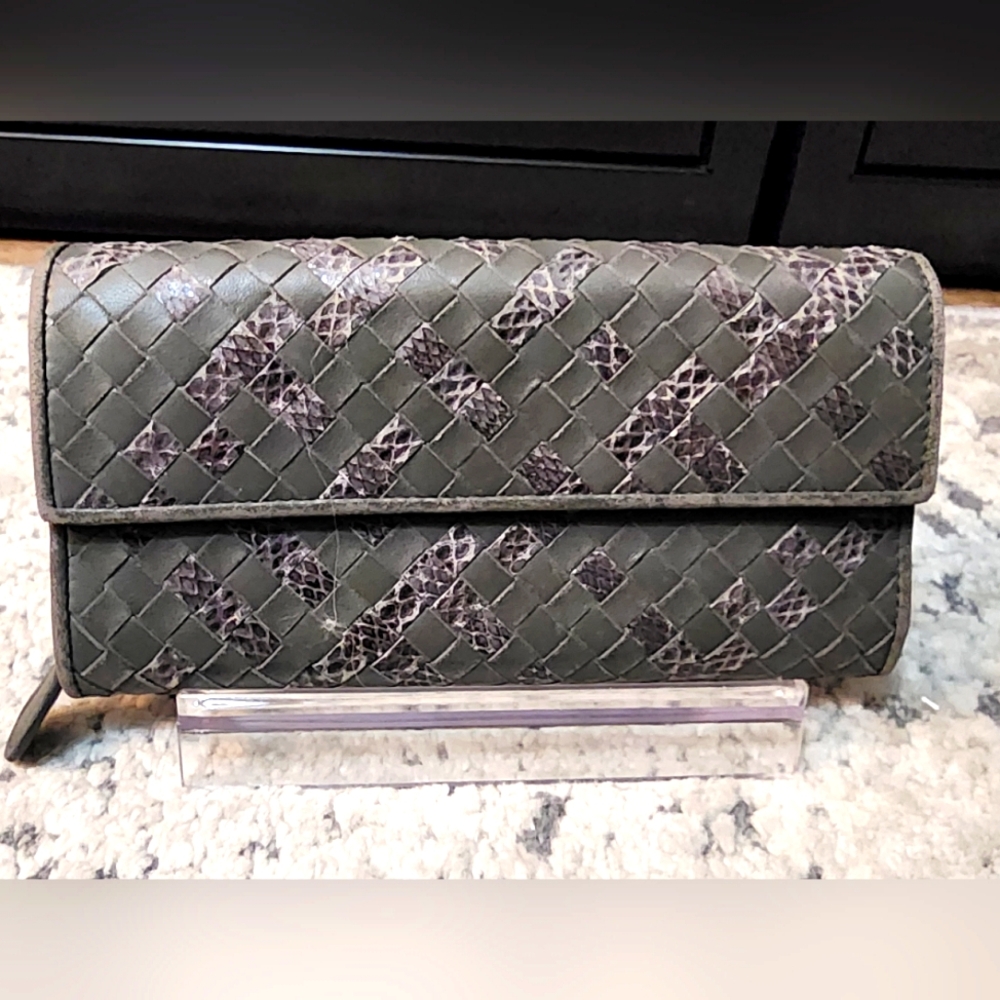 Bottega Veneta Intreccio Leather Flap Wallet with Snakeskin Detail